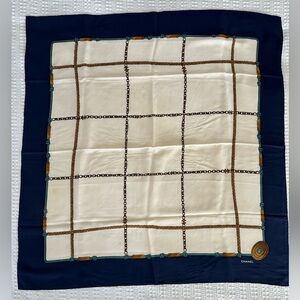 CHANEL Cream, Navy & Teal Silk Scarf with Gold Chain Motif